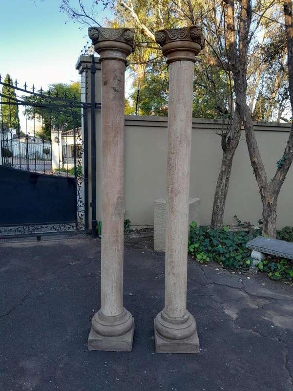 An Antique Pair Of Original Large Teak Wood Pair Of Architectural Wooden Pillars On Carved Stone ...