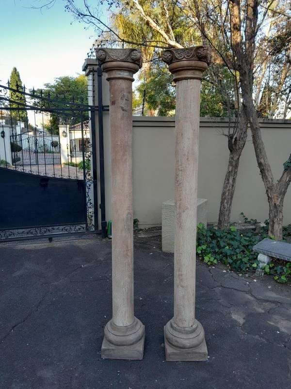 An Antique Pair Of Original Large Teak Wood Pair Of Architectural Wooden Pillars On Carved Stone ...