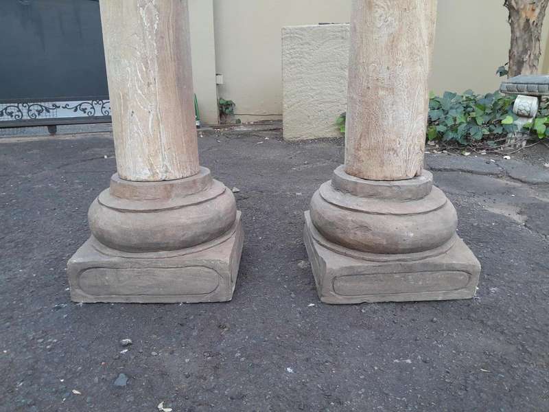 An Antique Pair Of Original Large Teak Wood Pair Of Architectural Wooden Pillars On Carved Stone ...