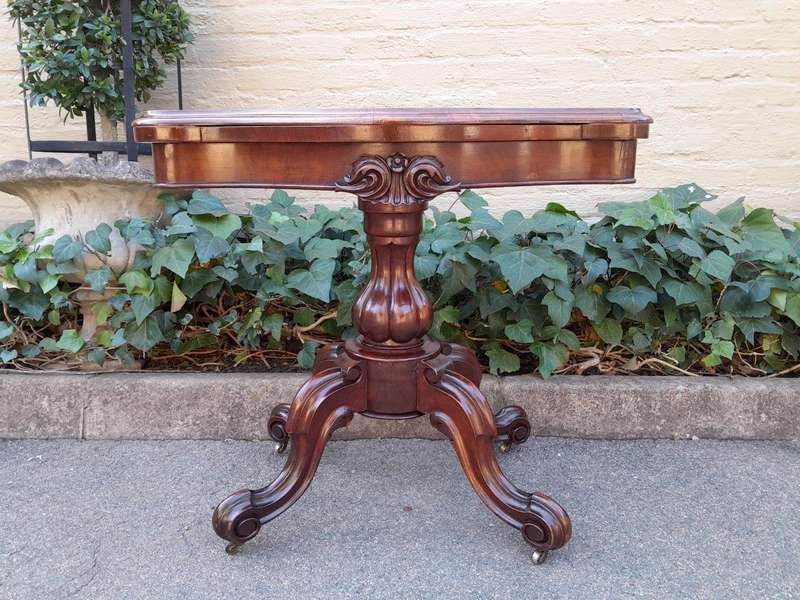 An Antique Victorian Circa / 1880 Walnut Folding Card Table On Original Castors And Black Baize I...