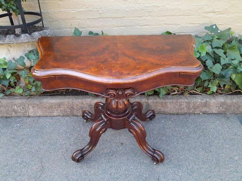 An Antique Victorian Circa / 1880 Walnut Folding Card Table On Original Castors And Black Baize I...
