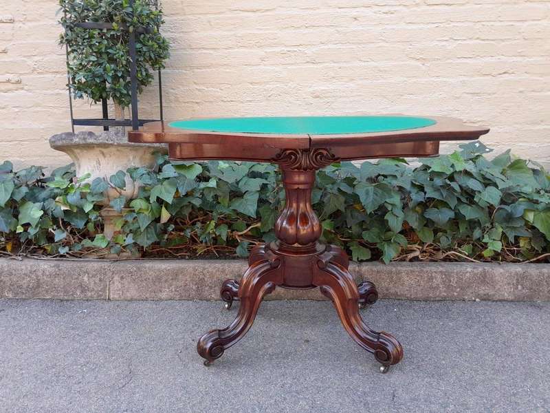 An Antique Victorian Circa / 1880 Walnut Folding Card Table On Original Castors And Black Baize I...