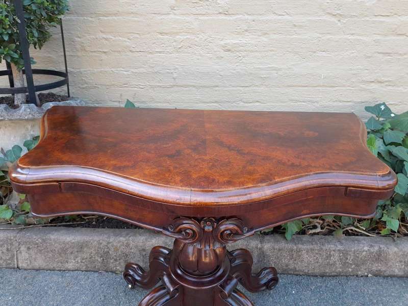 An Antique Victorian Circa / 1880 Walnut Folding Card Table On Original Castors And Black Baize I...