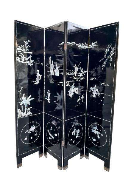 An Early 20th Century Chinese Floor Or Wall Screen With Inlaid Mother Of Pearl Figures On One Sid...