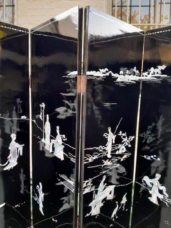 An Early 20th Century Chinese Floor Or Wall Screen With Inlaid Mother Of Pearl Figures On One Sid...