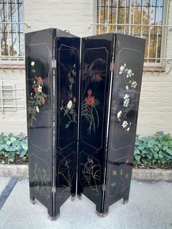 An Early 20th Century Chinese Floor Or Wall Screen With Inlaid Mother Of Pearl Figures On One Sid...