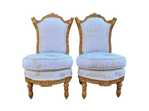 An Antique Early 20th Century French Pair Of Louis XV Style Heavily Carved Gilt Wood Slipper Chairs
