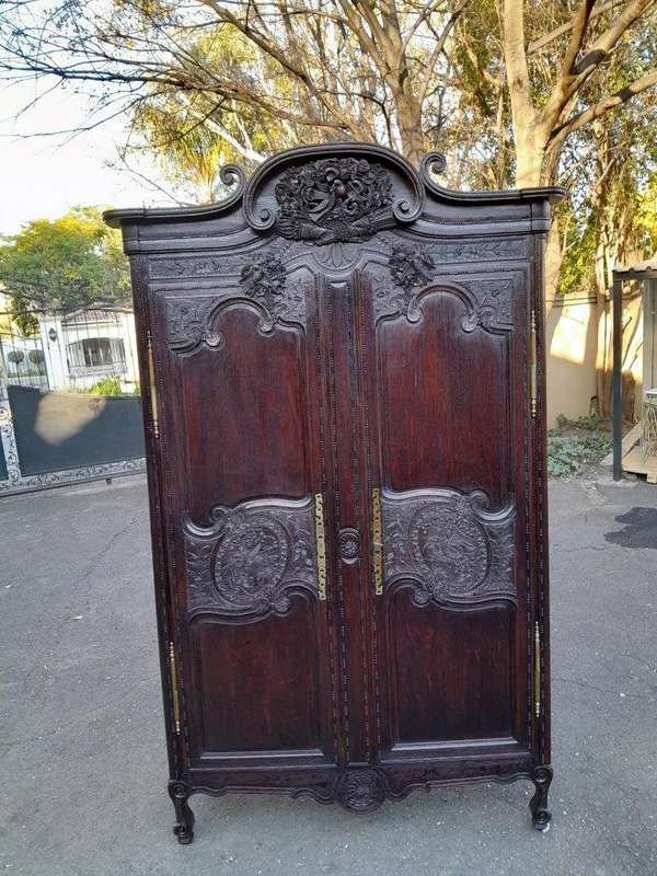 An Antique 19th Century French Oak Armoire With Drawer, Original Brass Hinges And Key