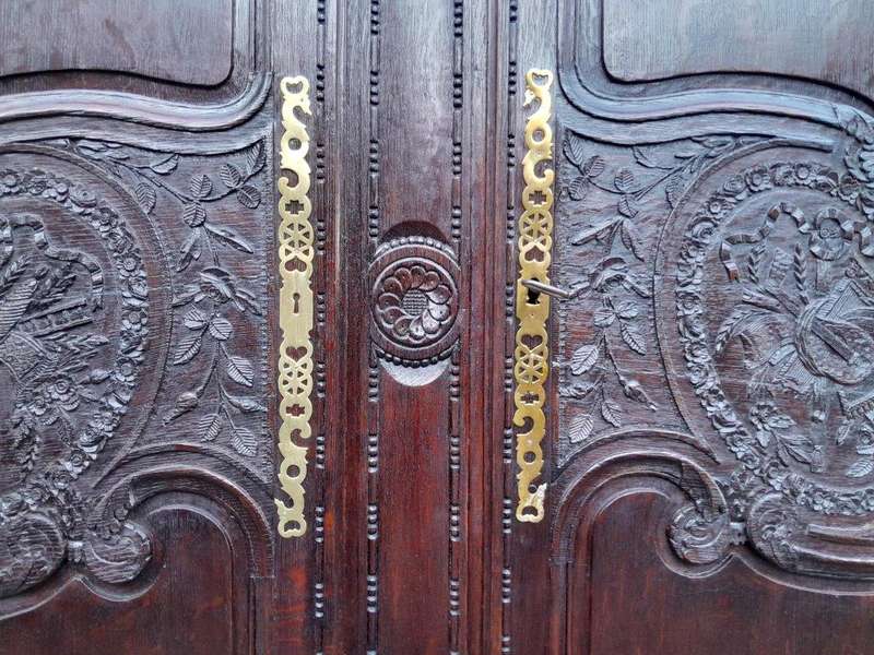 An Antique 19th Century French Oak Armoire With Drawer, Original Brass Hinges And Key