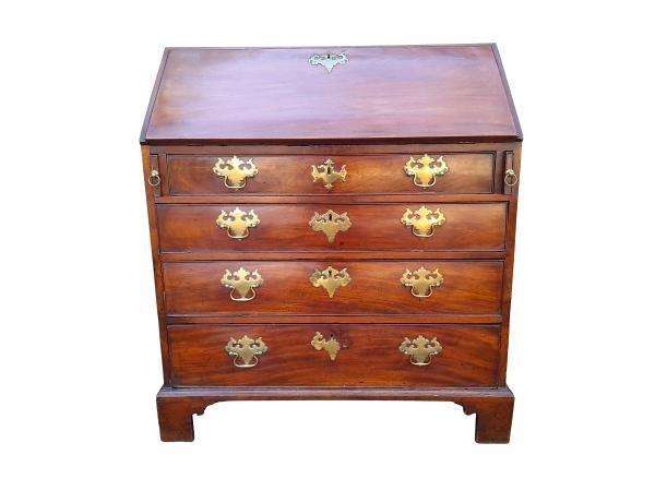 An Antique George III Flame Mahogany Bureau With Enclosed Fitted Interior, Brass Handles