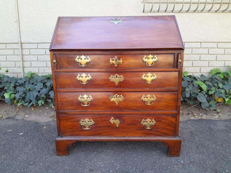 An Antique George III Flame Mahogany Bureau With Enclosed Fitted Interior, Brass Handles
