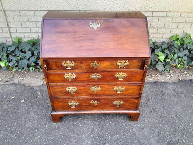 An Antique George III Flame Mahogany Bureau With Enclosed Fitted Interior, Brass Handles