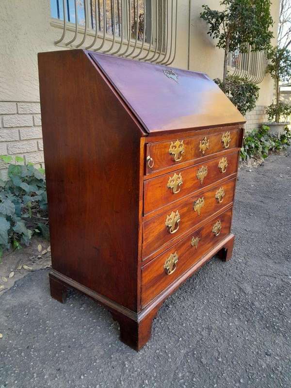 An Antique George III Flame Mahogany Bureau With Enclosed Fitted Interior, Brass Handles