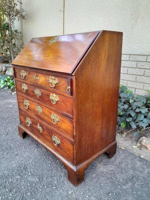 An Antique George III Flame Mahogany Bureau With Enclosed Fitted Interior, Brass Handles