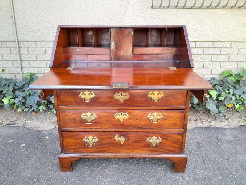 An Antique George III Flame Mahogany Bureau With Enclosed Fitted Interior, Brass Handles