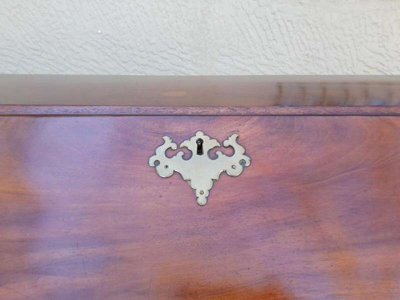 An Antique George III Flame Mahogany Bureau With Enclosed Fitted Interior, Brass Handles