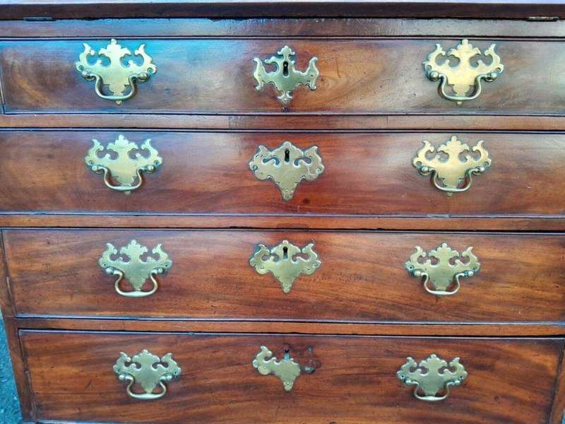 An Antique George III Flame Mahogany Bureau With Enclosed Fitted Interior, Brass Handles