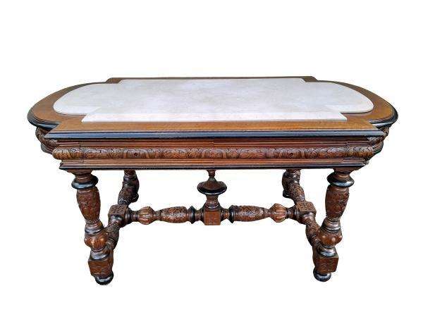 An Antique French Carved Walnut And Ebonised / Table / Library Table With Two Drawers And A Cream...