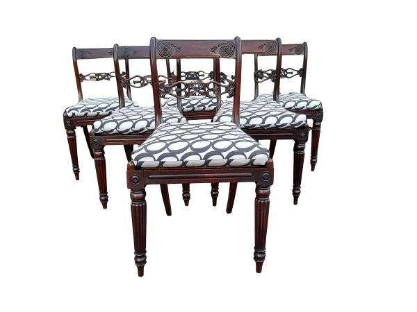 An Antique Regency Carved Rosewood Set Of Chairs With Rattan Seats And Upholstered Designer Fabri...