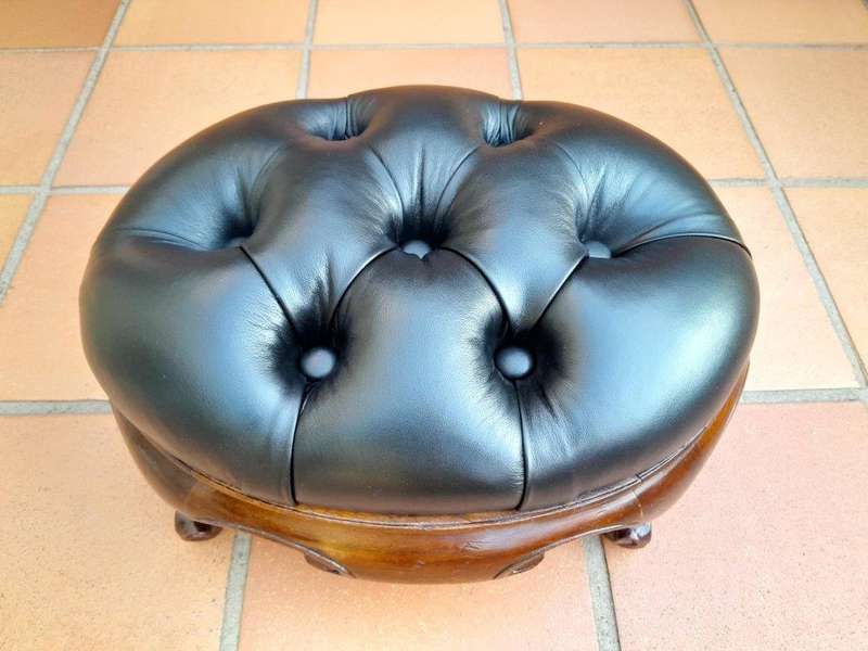 An Antique Circa 1880s Victorian Carved Mahogany Footstool Upholstered In Leather