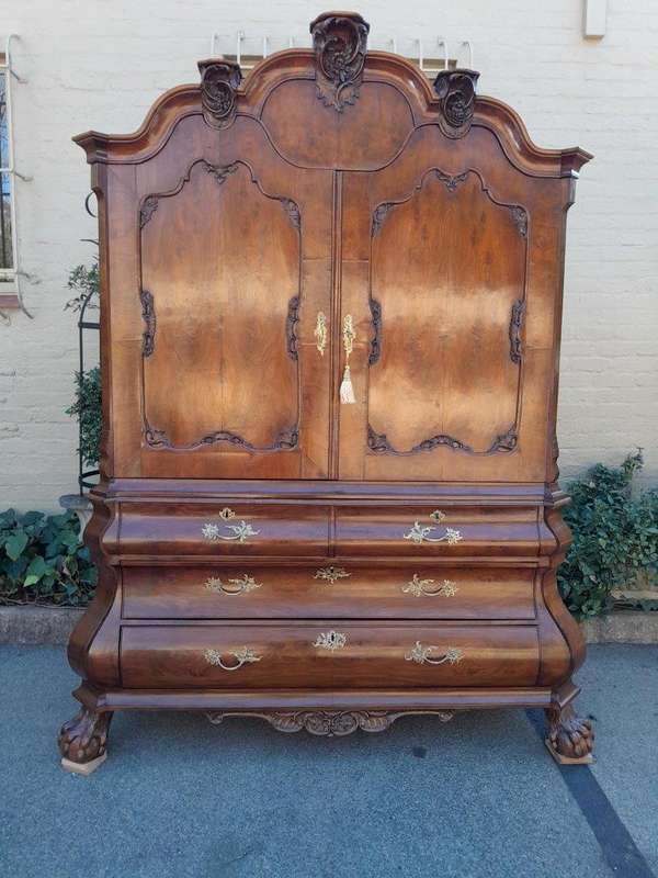 An Antique 18th Century Circa 1755 Dutch Heavily Carved Mahogany Wood Armoire / Cabinet