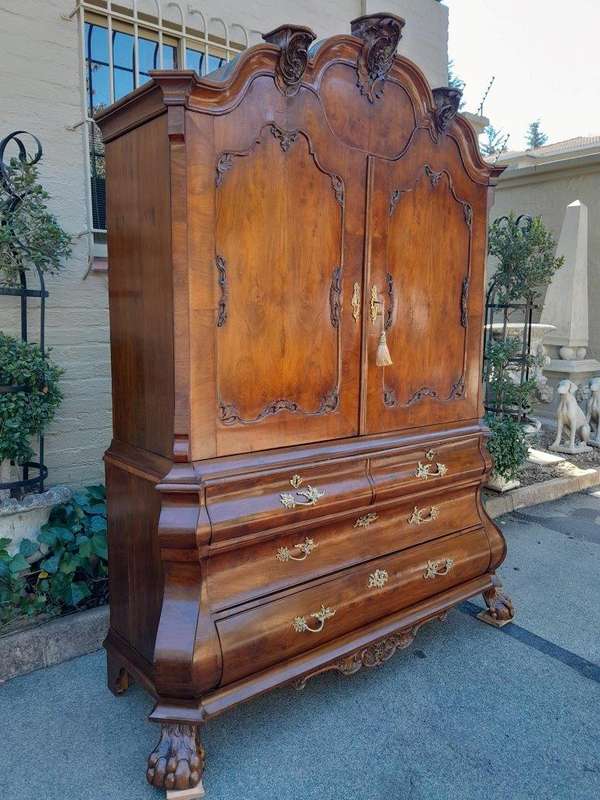 An Antique 18th Century Circa 1755 Dutch Heavily Carved Mahogany Wood Armoire / Cabinet