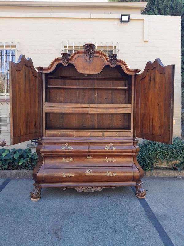 An Antique 18th Century Circa 1755 Dutch Heavily Carved Mahogany Wood Armoire / Cabinet