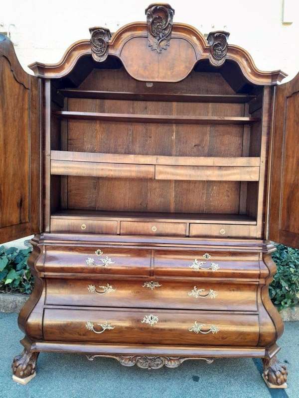 An Antique 18th Century Circa 1755 Dutch Heavily Carved Mahogany Wood Armoire / Cabinet