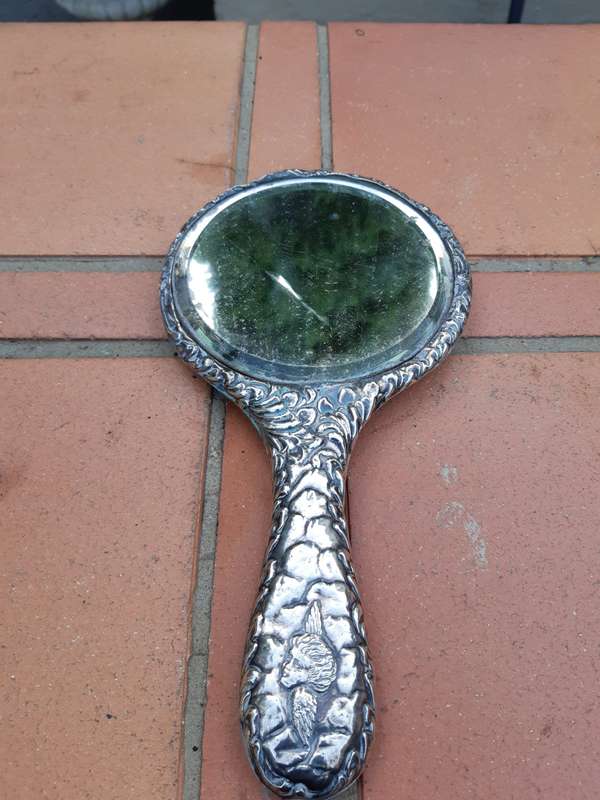 Hand Held mirror with Silver Angels (scratch on mirror)