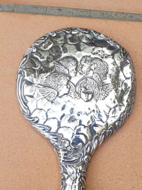 Hand Held mirror with Silver Angels (scratch on mirror)