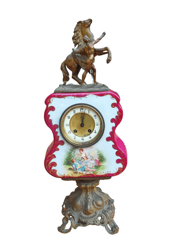 Antique Limoges Porcelain & Bronze Clock With Horse Statue