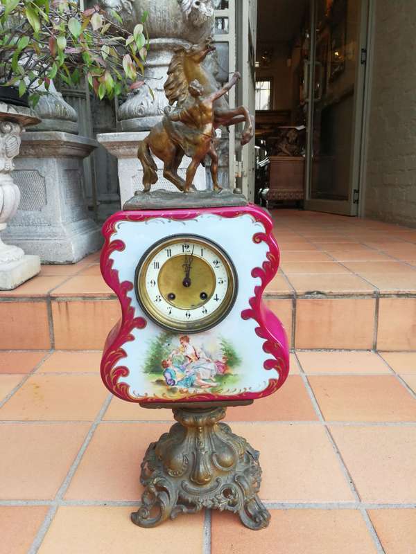 Antique Limoges Porcelain & Bronze Clock With Horse Statue