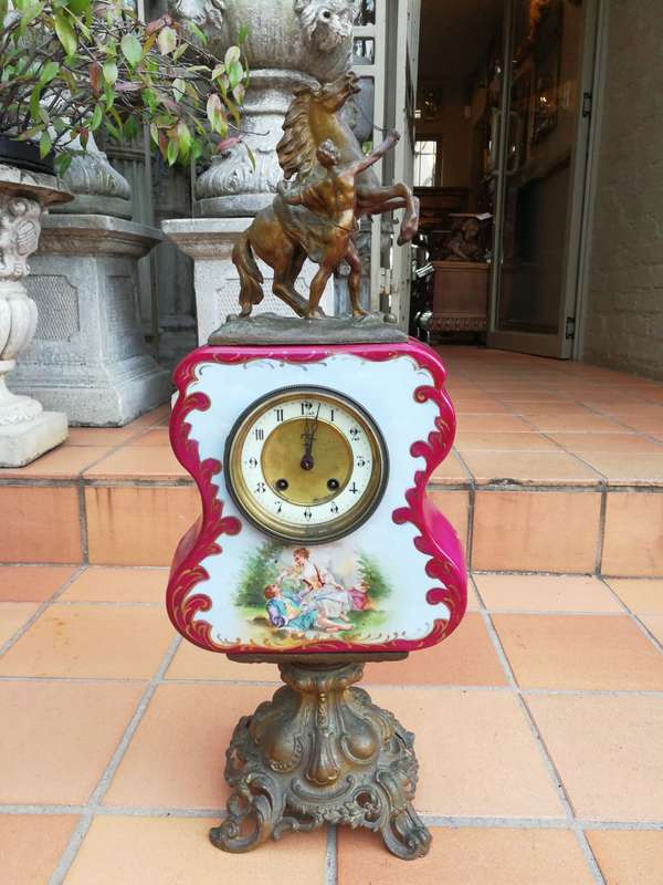 Antique Limoges Porcelain & Bronze Clock With Horse Statue