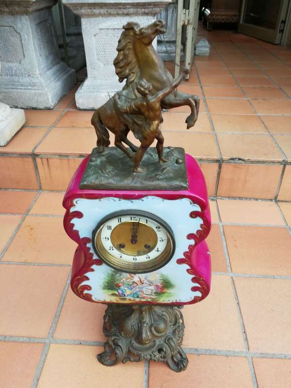 Antique Limoges Porcelain & Bronze Clock With Horse Statue