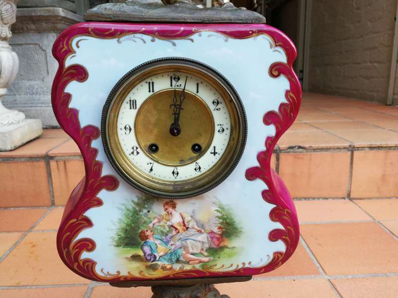 Antique Limoges Porcelain & Bronze Clock With Horse Statue