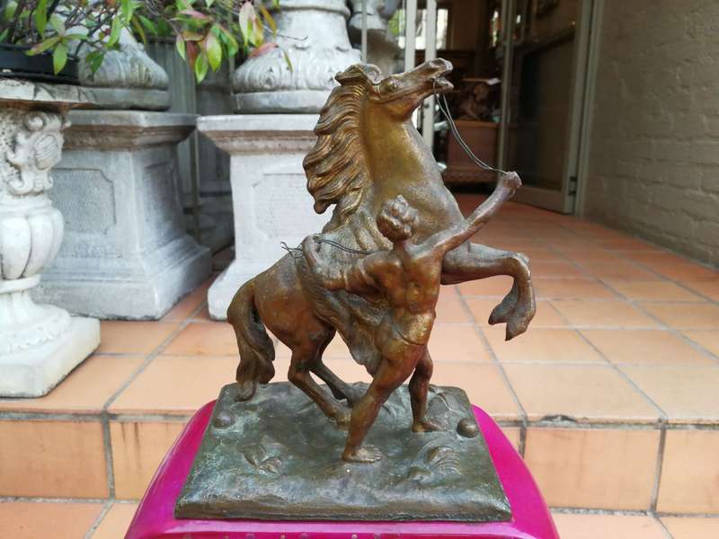 Antique Limoges Porcelain & Bronze Clock With Horse Statue