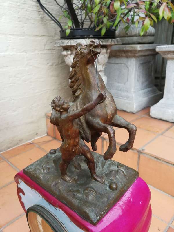 Antique Limoges Porcelain & Bronze Clock With Horse Statue