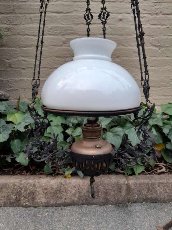 A 19TH Century Circa 1860  Victorian Gilt Metal Hanging Oil Lamp / Chandelier ND