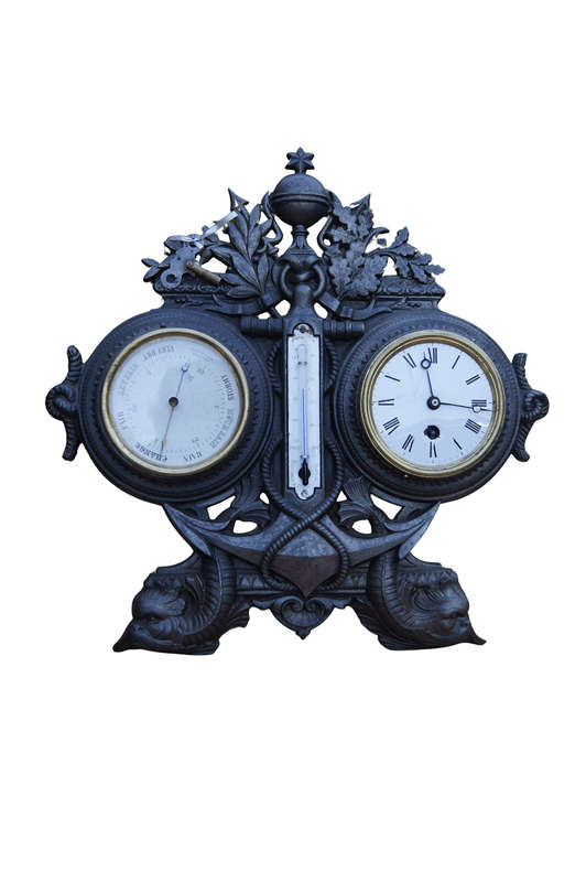 Antique French Cast Iron Clock & Barometer