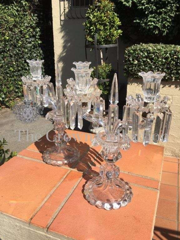 Pair Glass Lustre Candelabras (chip on cup/holder)