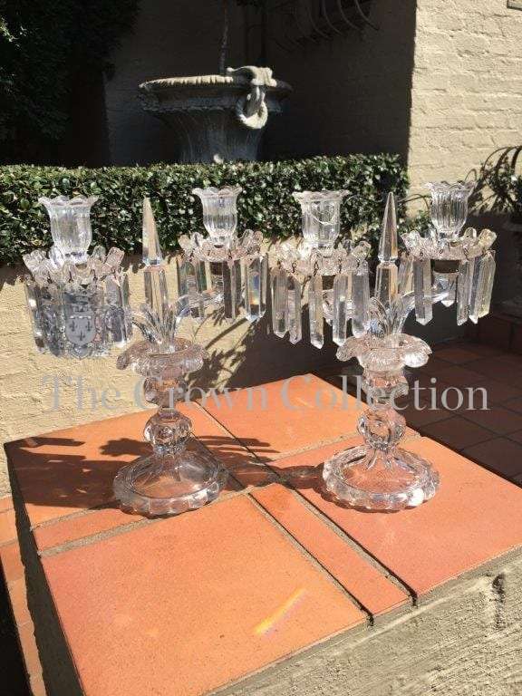 Pair Glass Lustre Candelabras (chip on cup/holder)