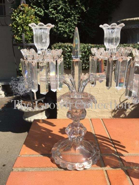 Pair Glass Lustre Candelabras (chip on cup/holder)
