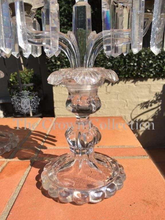 Pair Glass Lustre Candelabras (chip on cup/holder)