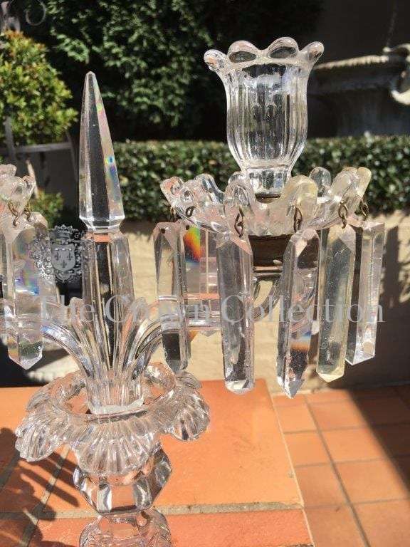 Pair Glass Lustre Candelabras (chip on cup/holder)