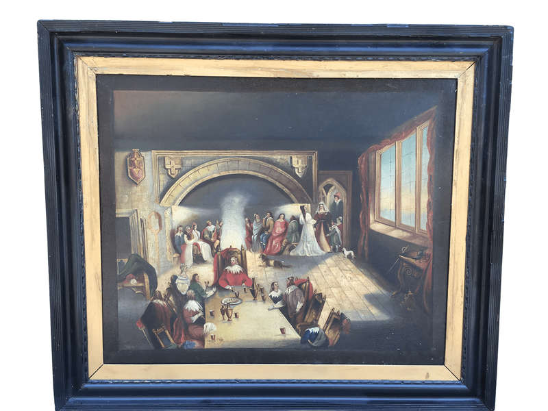 Antique 19th Century Oil Portrait Painting of a Kings Banquet
