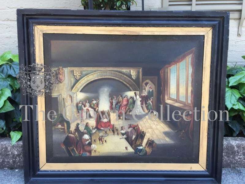 Antique 19th Century Oil Portrait Painting of a Kings Banquet