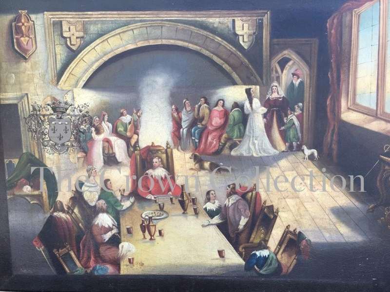 Antique 19th Century Oil Portrait Painting of a Kings Banquet
