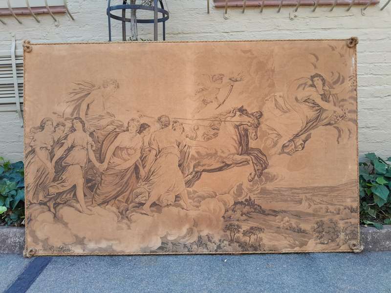 An Antique Tapestry of Aurora Leading the Carriage of Apollo Surrounded by Hours (after Reni) str...