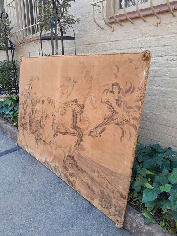 An Antique Tapestry of Aurora Leading the Carriage of Apollo Surrounded by Hours (after Reni) str...