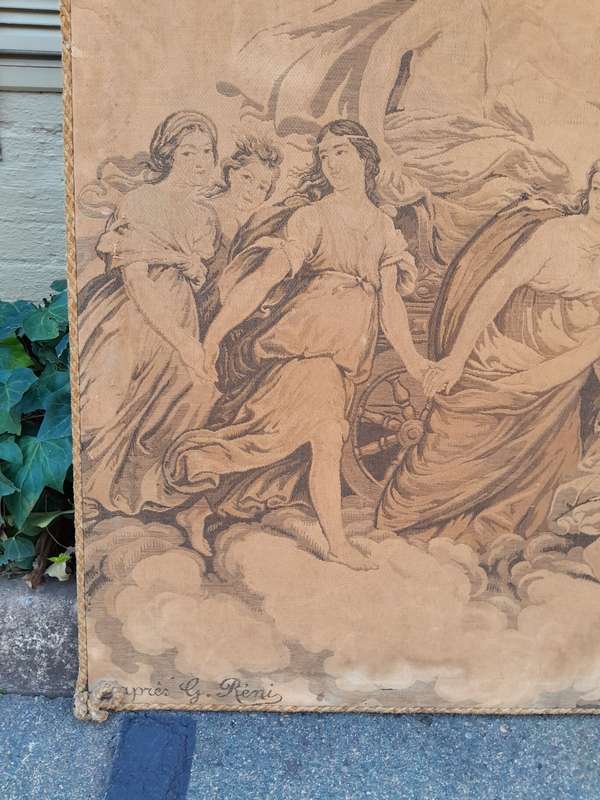 An Antique Tapestry of Aurora Leading the Carriage of Apollo Surrounded by Hours (after Reni) str...